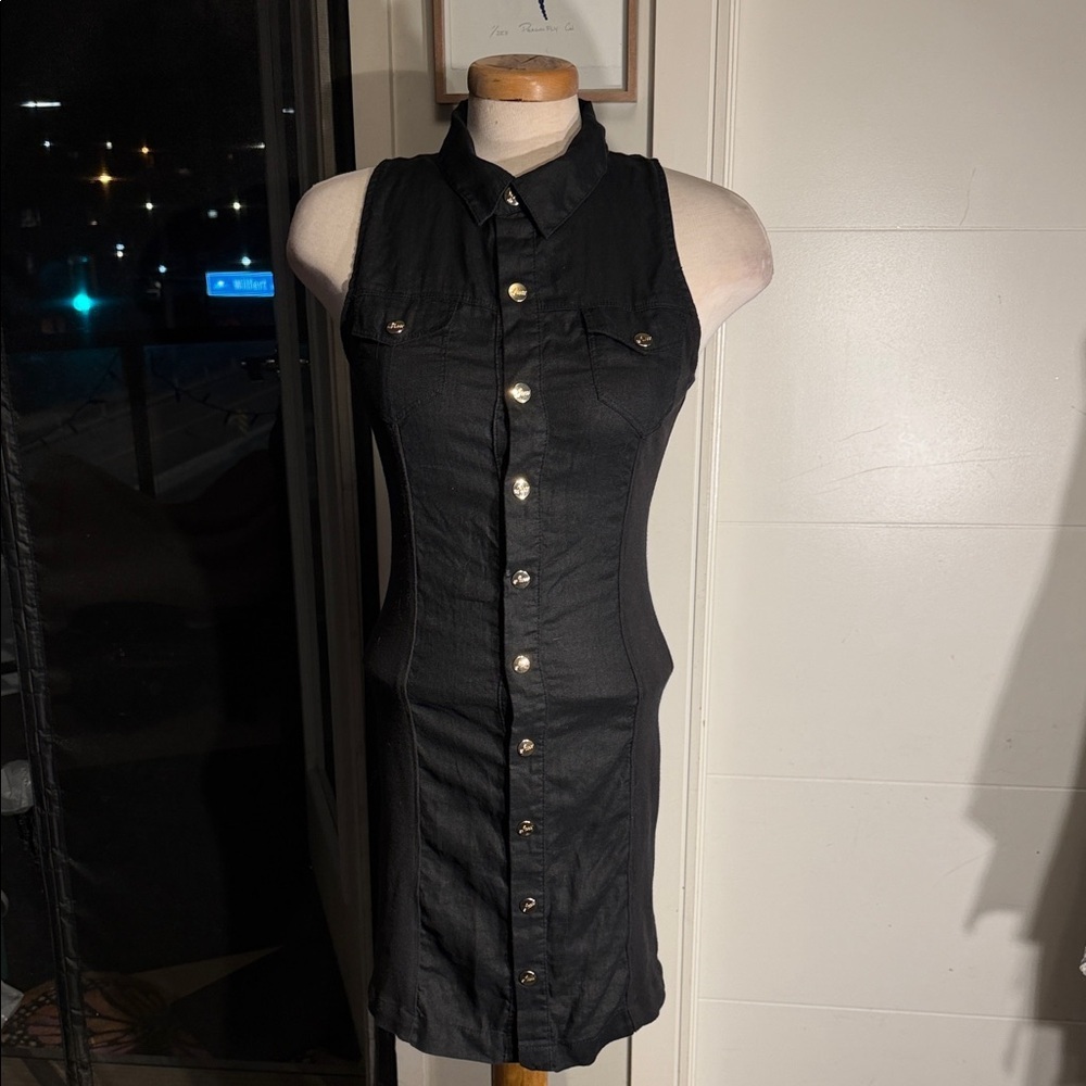 Vintage Y2K Guess Black Sleeveless Linen Dress - Picture 2 of 12